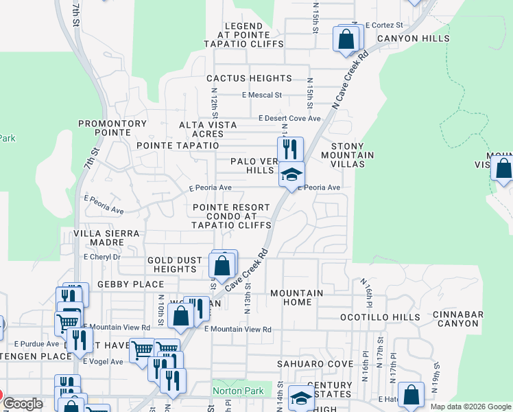 map of restaurants, bars, coffee shops, grocery stores, and more near 1304 East Peoria Avenue in Phoenix