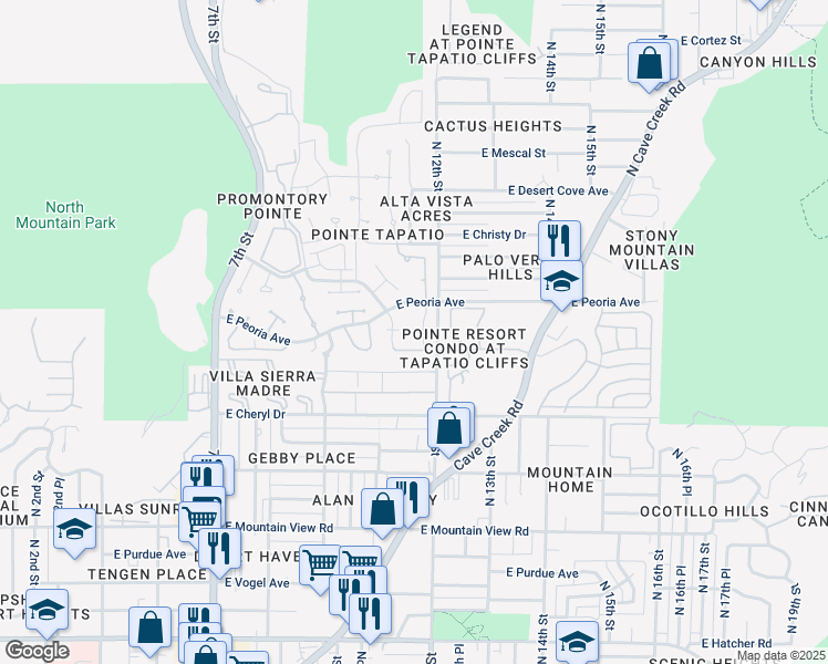 map of restaurants, bars, coffee shops, grocery stores, and more near 10438 North 11th Place in Phoenix