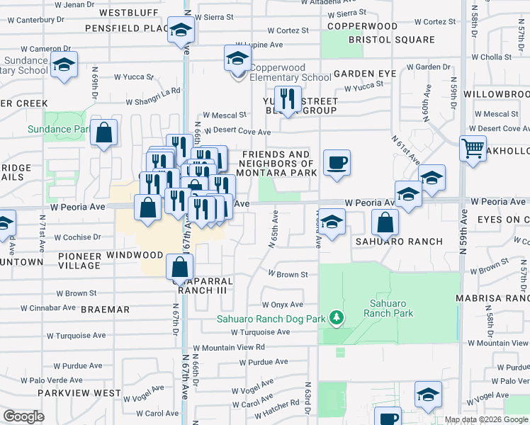 map of restaurants, bars, coffee shops, grocery stores, and more near 10601 North 65th Avenue in Glendale