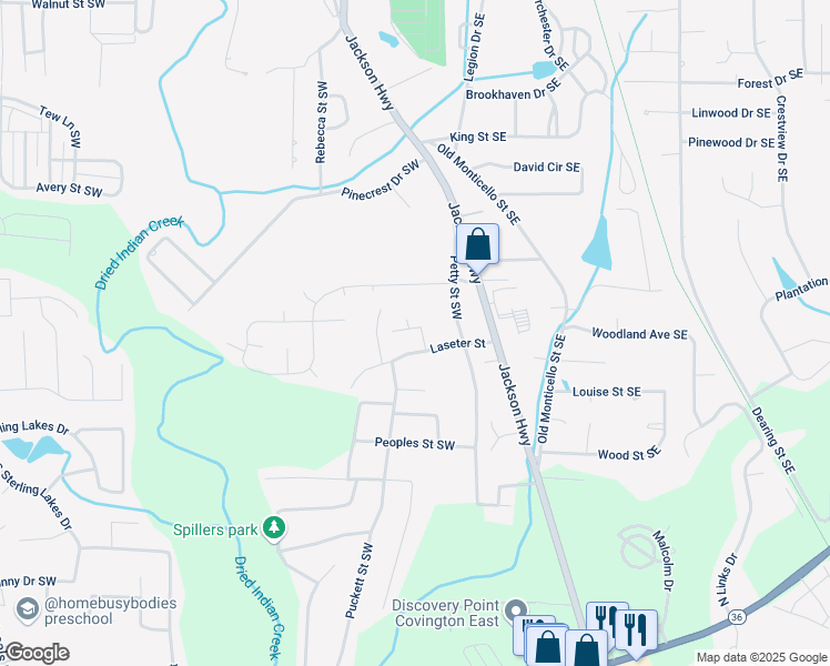 map of restaurants, bars, coffee shops, grocery stores, and more near 6164 Petty Street Southwest in Covington