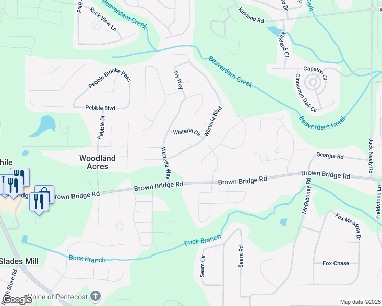 map of restaurants, bars, coffee shops, grocery stores, and more near 140 Wisteria Boulevard in Covington
