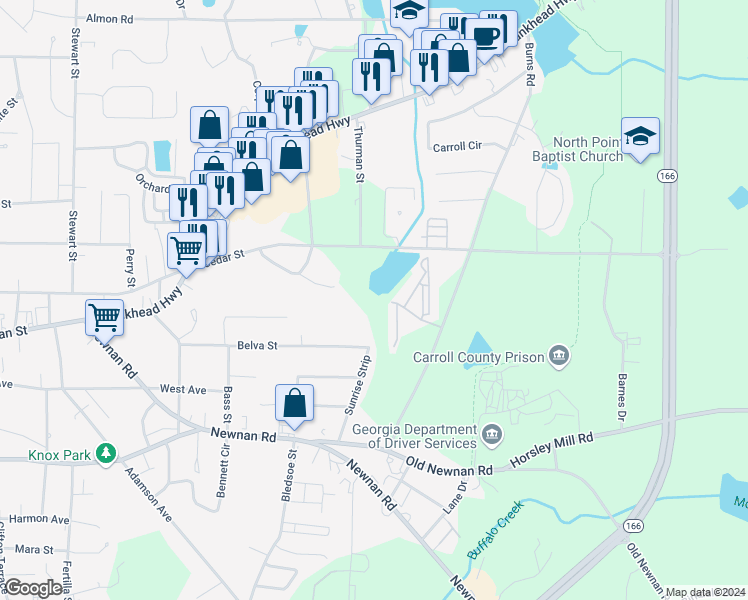 map of restaurants, bars, coffee shops, grocery stores, and more near 951 Cedar Street in Carrollton