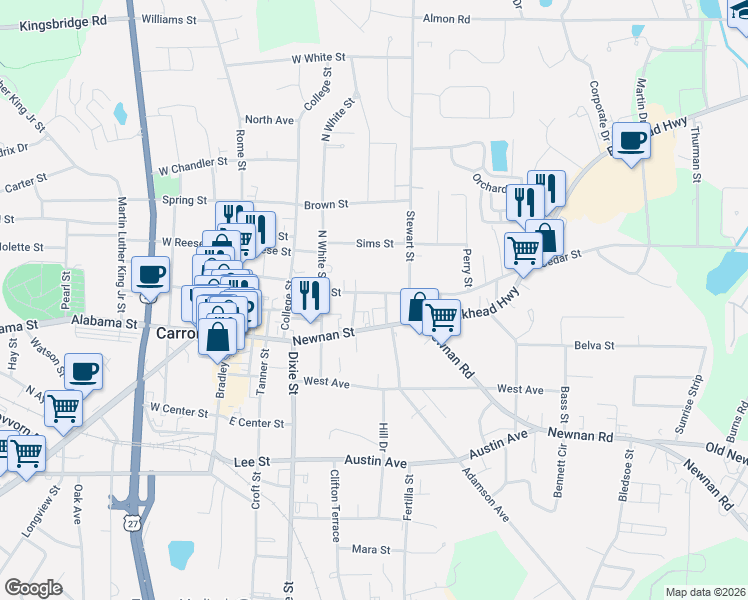 map of restaurants, bars, coffee shops, grocery stores, and more near 220 Cedar Street in Carrollton