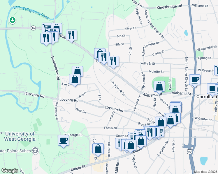 map of restaurants, bars, coffee shops, grocery stores, and more near 815 North Aycock Street in Carrollton