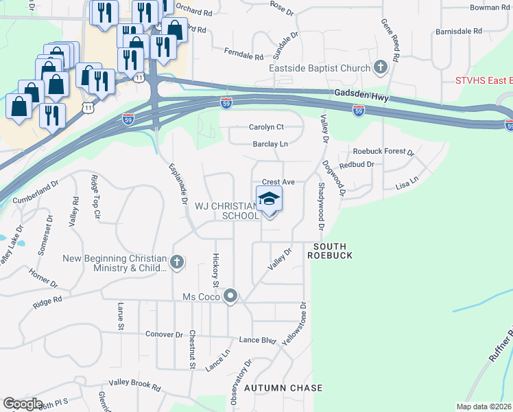 map of restaurants, bars, coffee shops, grocery stores, and more near 625 Gravlee Lane in Birmingham