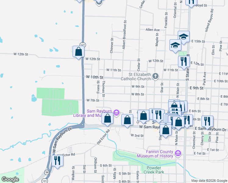 map of restaurants, bars, coffee shops, grocery stores, and more near 820 West 9th Street in Bonham