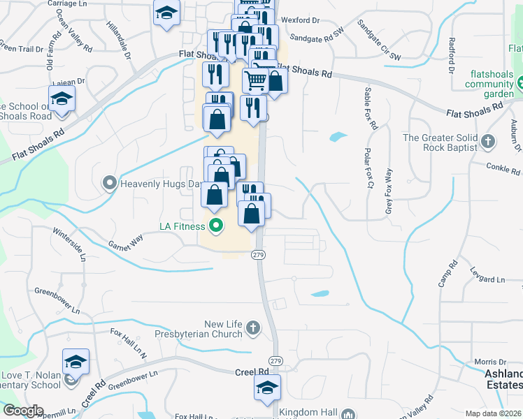 map of restaurants, bars, coffee shops, grocery stores, and more near Hackamore Drive in Atlanta