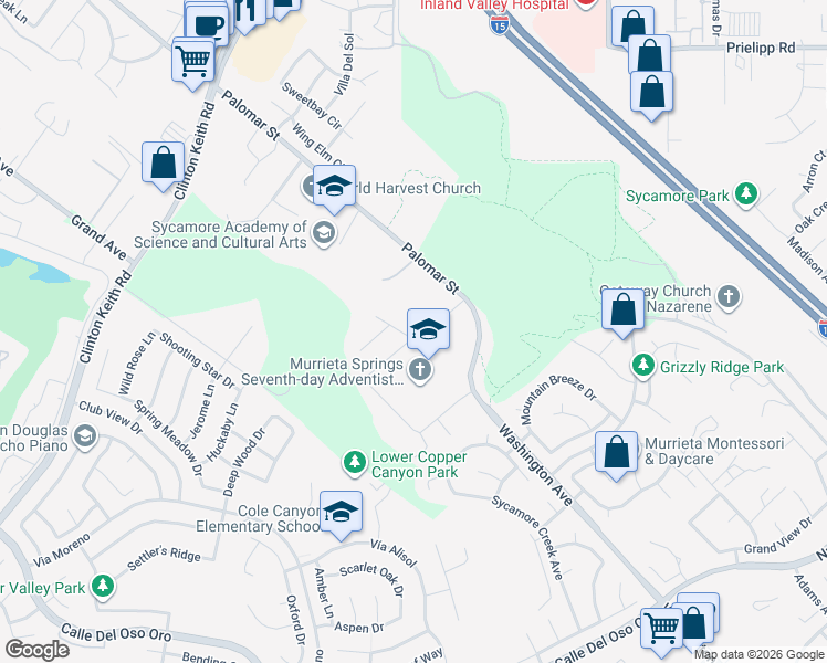 map of restaurants, bars, coffee shops, grocery stores, and more near 23356 Desert Dandelion Court in Murrieta