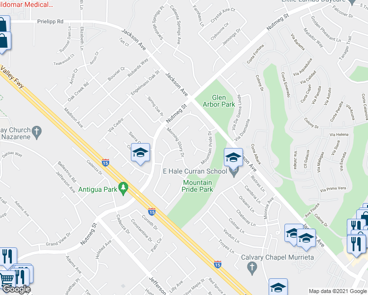 map of restaurants, bars, coffee shops, grocery stores, and more near 40870 Morning Glory Drive in Murrieta