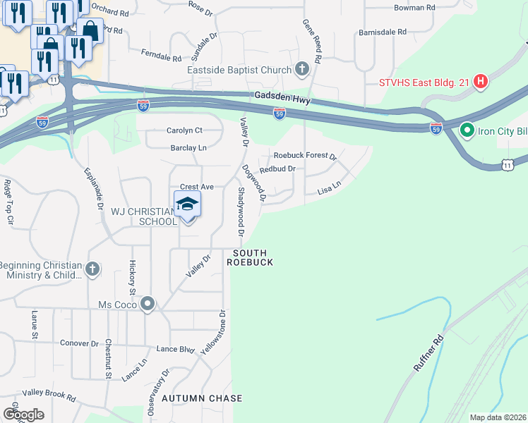 map of restaurants, bars, coffee shops, grocery stores, and more near 635 Oak Circle in Birmingham