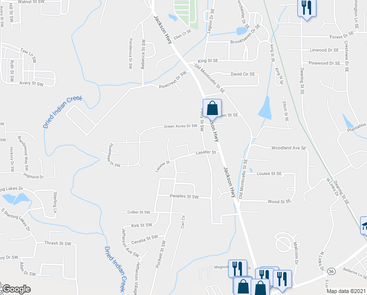 map of restaurants, bars, coffee shops, grocery stores, and more near 7137 Harmony Place Southwest in Covington