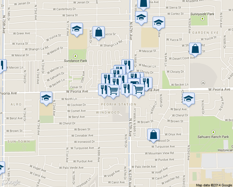 map of restaurants, bars, coffee shops, grocery stores, and more near 6765 West Peoria Avenue in Peoria