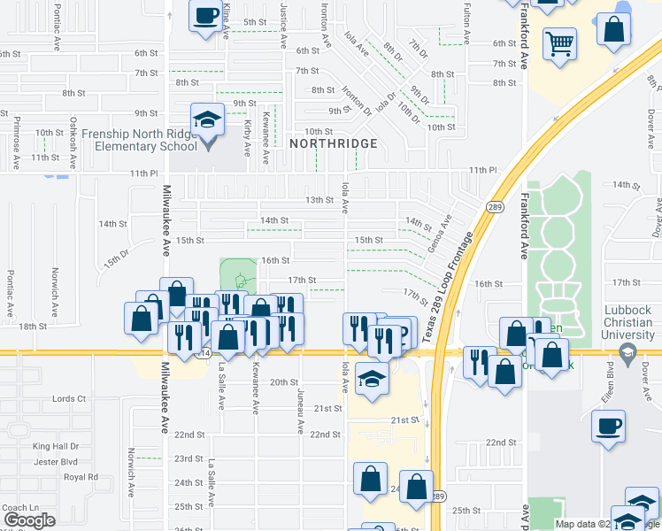map of restaurants, bars, coffee shops, grocery stores, and more near 6105 16th Street in Lubbock
