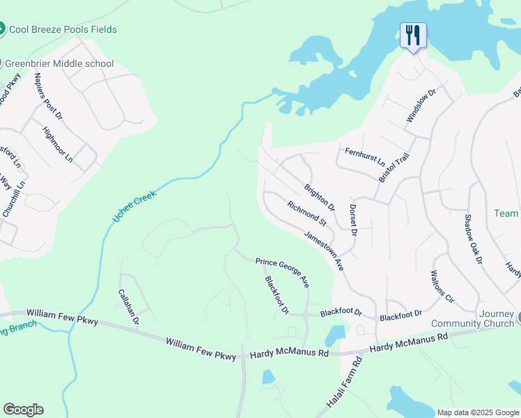 map of restaurants, bars, coffee shops, grocery stores, and more near 1679 Jamestown Avenue in Evans