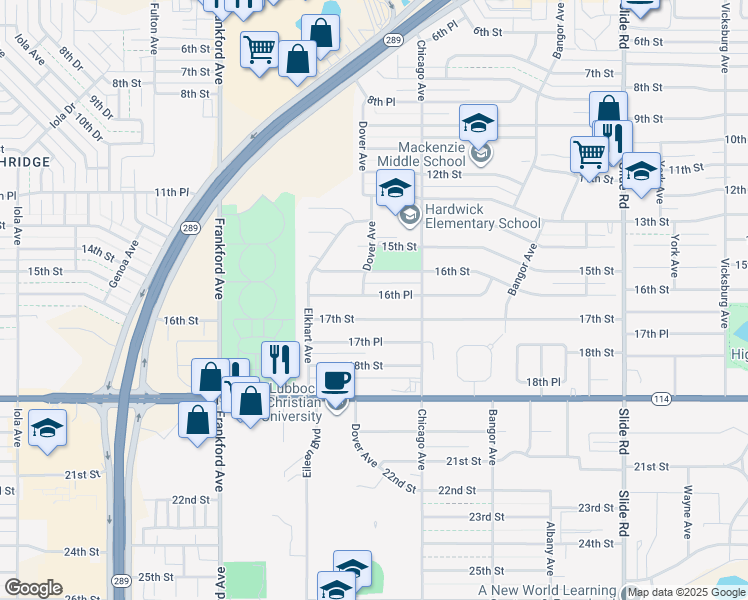 map of restaurants, bars, coffee shops, grocery stores, and more near 5513 16th Street in Lubbock
