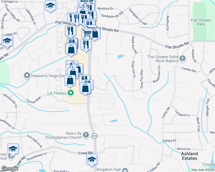 map of restaurants, bars, coffee shops, grocery stores, and more near 2284 Crossrail Drive in Atlanta