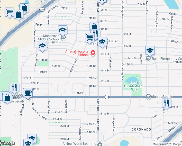 map of restaurants, bars, coffee shops, grocery stores, and more near 5207 15th Street in Lubbock