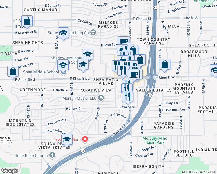map of restaurants, bars, coffee shops, grocery stores, and more near 10409 North 30th Street in Phoenix