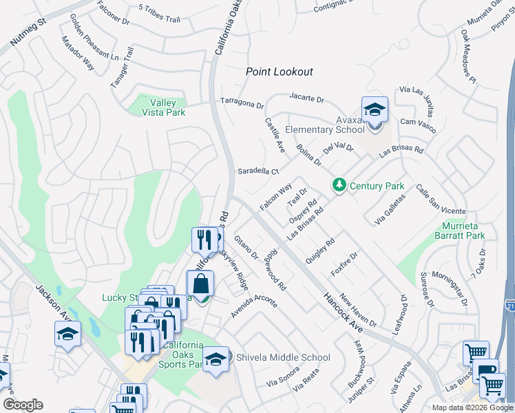map of restaurants, bars, coffee shops, grocery stores, and more near 39913 Calicia Court in Murrieta