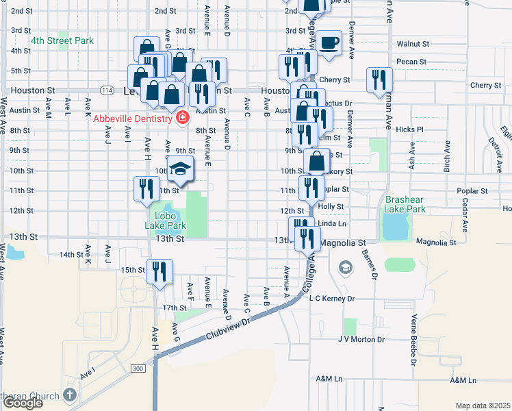 map of restaurants, bars, coffee shops, grocery stores, and more near 1100-1106 Avenue B in Levelland