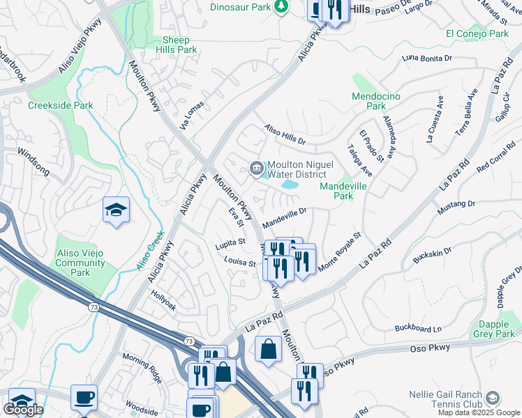 map of restaurants, bars, coffee shops, grocery stores, and more near 26284 Hanover Lane in Laguna Hills