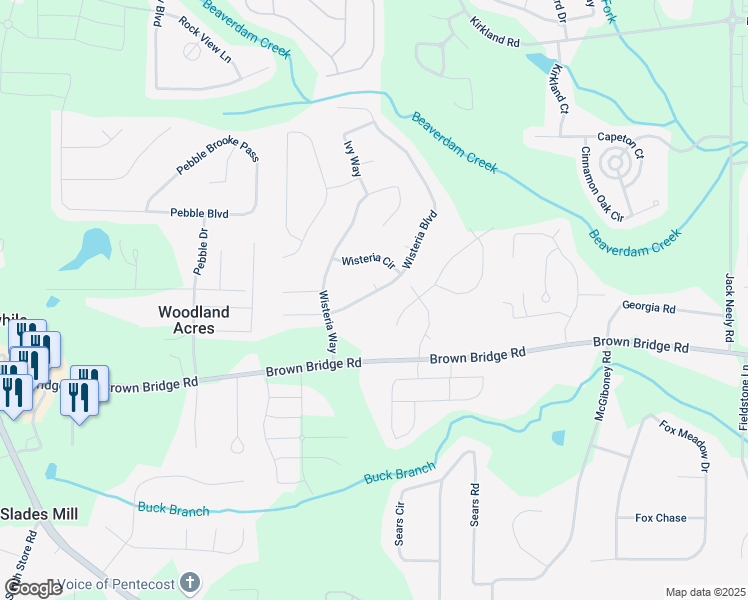 map of restaurants, bars, coffee shops, grocery stores, and more near 140 Wisteria Boulevard in Covington