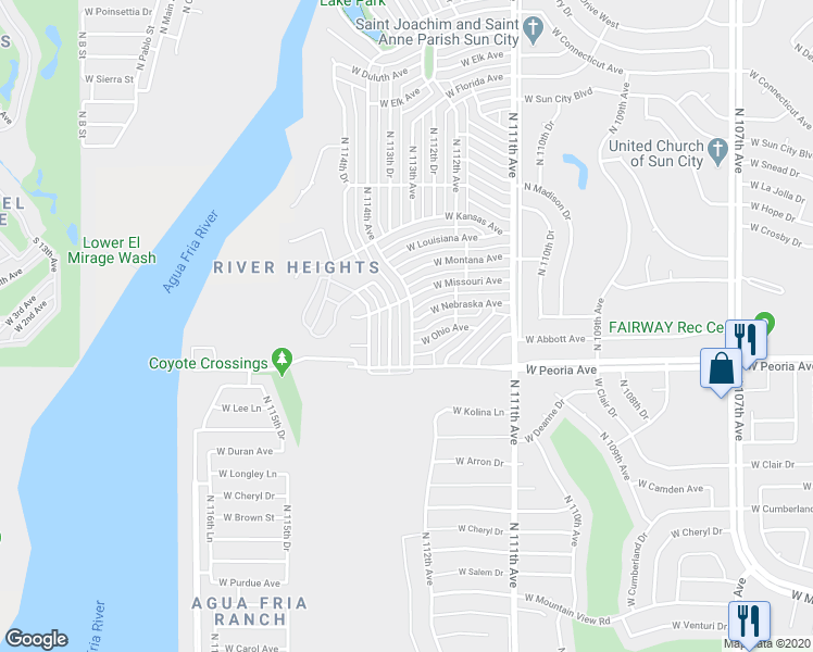 map of restaurants, bars, coffee shops, grocery stores, and more near 10636 North 114th Avenue in Youngtown