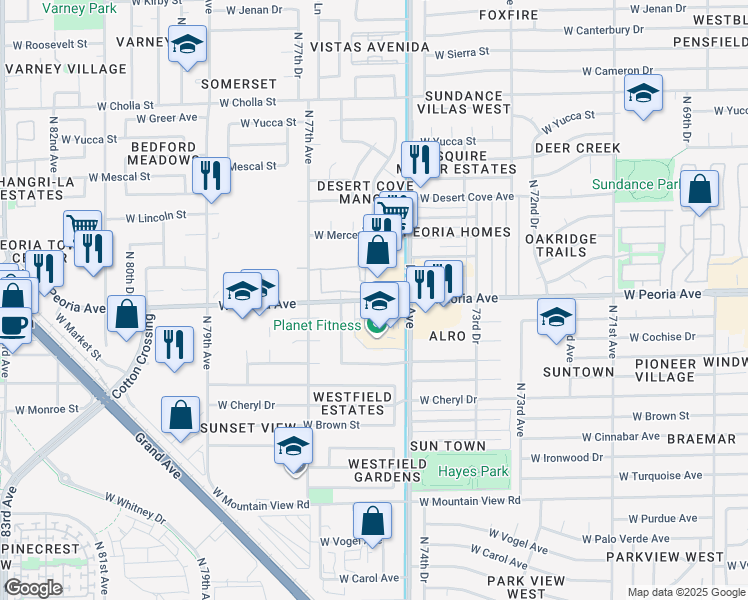 map of restaurants, bars, coffee shops, grocery stores, and more near 7606 West Peoria Avenue in Peoria