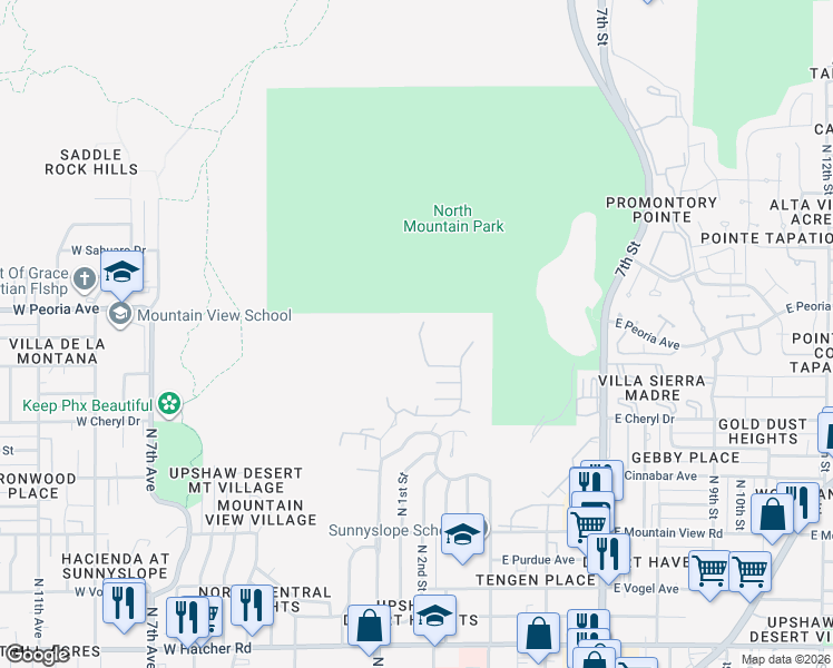 map of restaurants, bars, coffee shops, grocery stores, and more near 126 West North Lane in Phoenix