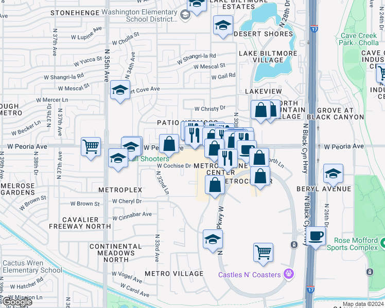 map of restaurants, bars, coffee shops, grocery stores, and more near 3121 West Peoria Avenue in Phoenix