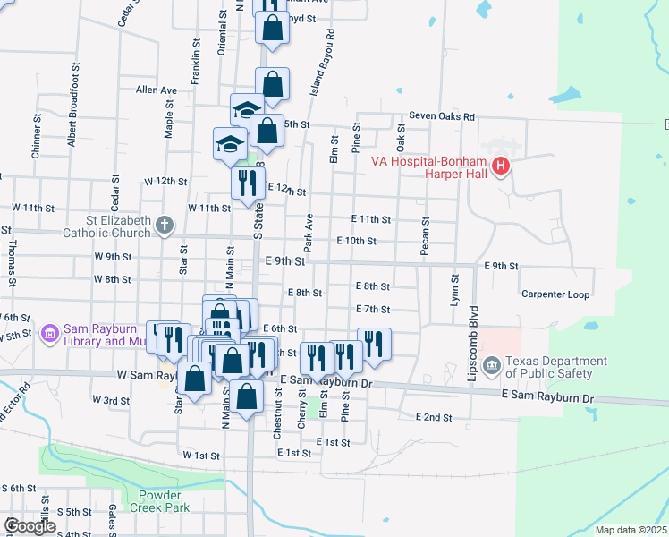 map of restaurants, bars, coffee shops, grocery stores, and more near 511 East 9th Street in Bonham