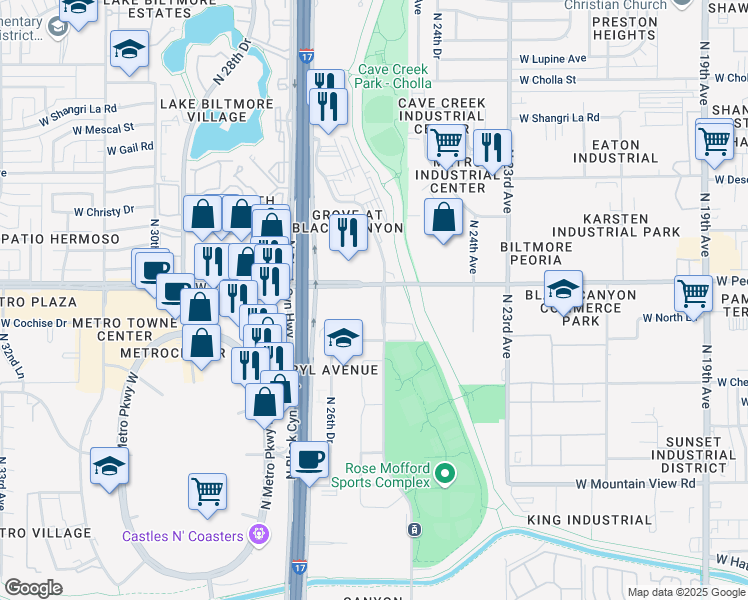 map of restaurants, bars, coffee shops, grocery stores, and more near 10400 North 25th Avenue in Phoenix