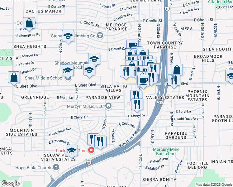 map of restaurants, bars, coffee shops, grocery stores, and more near 10409 North 30th Street in Phoenix