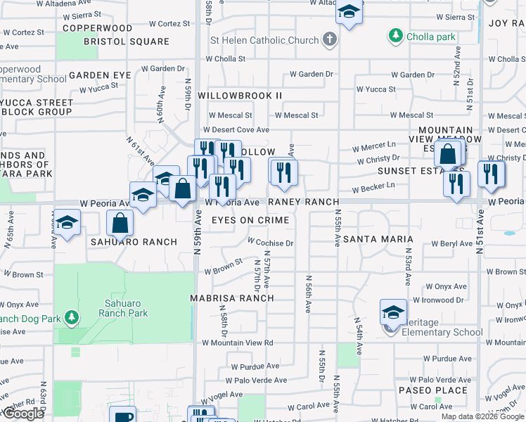 map of restaurants, bars, coffee shops, grocery stores, and more near in Glendale