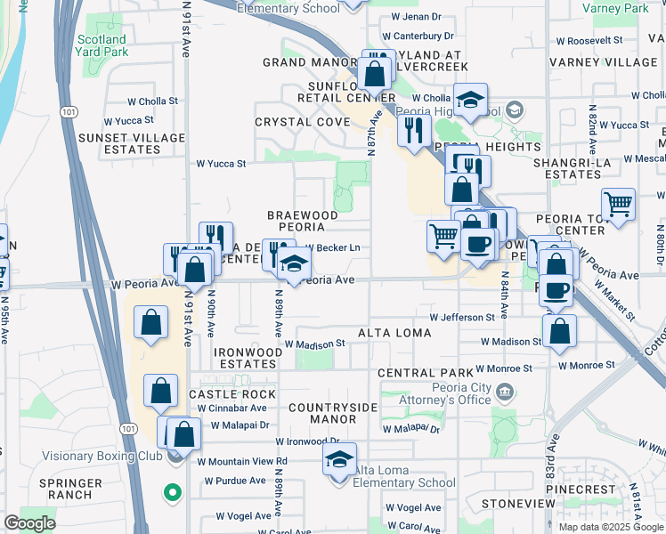 map of restaurants, bars, coffee shops, grocery stores, and more near 8743 West Becker Lane in Peoria