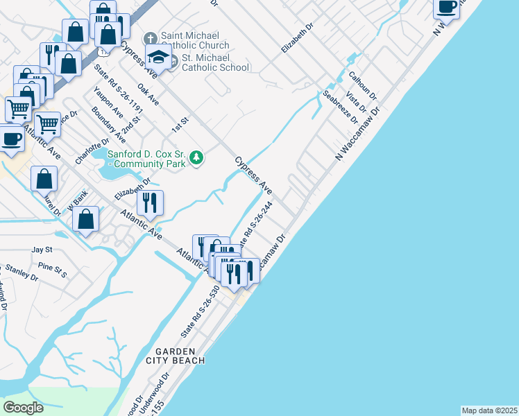 map of restaurants, bars, coffee shops, grocery stores, and more near 503 Dogwood Drive North in Murrells Inlet