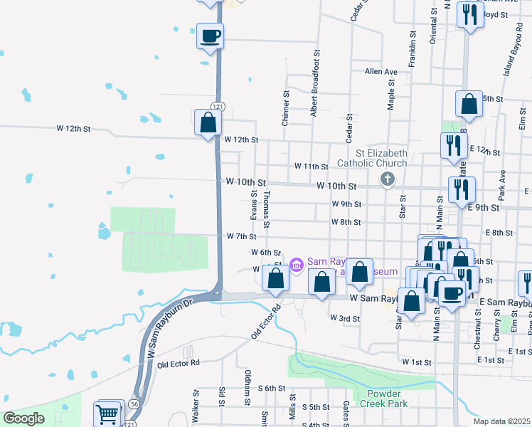 map of restaurants, bars, coffee shops, grocery stores, and more near 920 West 9th Street in Bonham