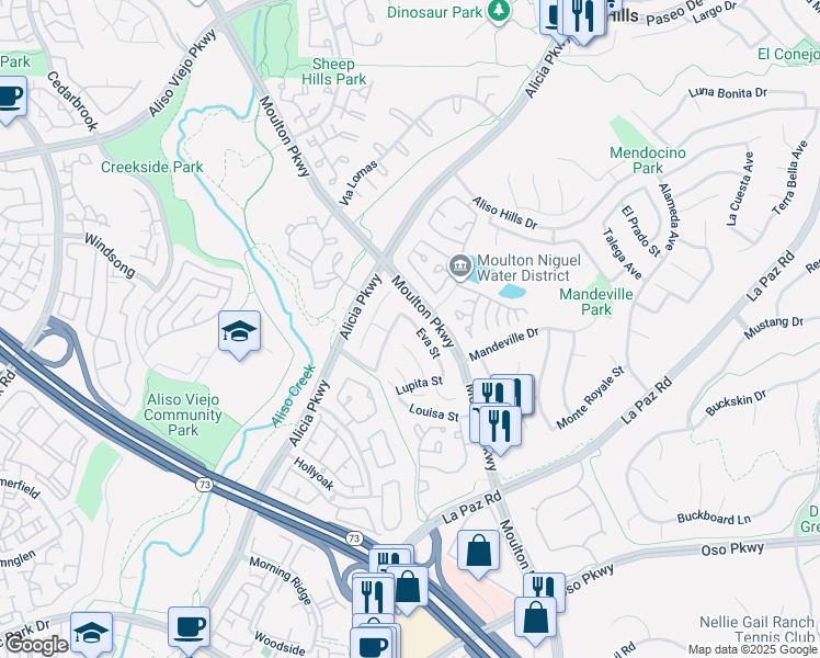 map of restaurants, bars, coffee shops, grocery stores, and more near 26265 Eva Street in Laguna Hills