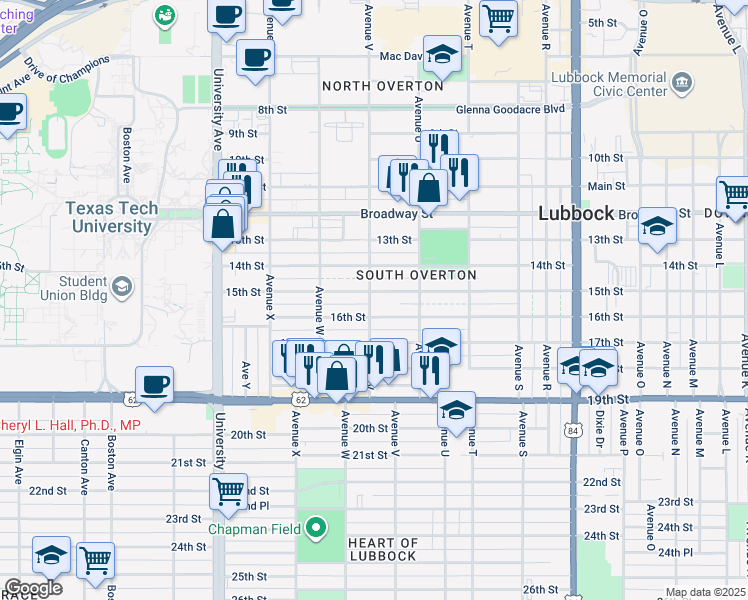 map of restaurants, bars, coffee shops, grocery stores, and more near 2118 15th Street in Lubbock