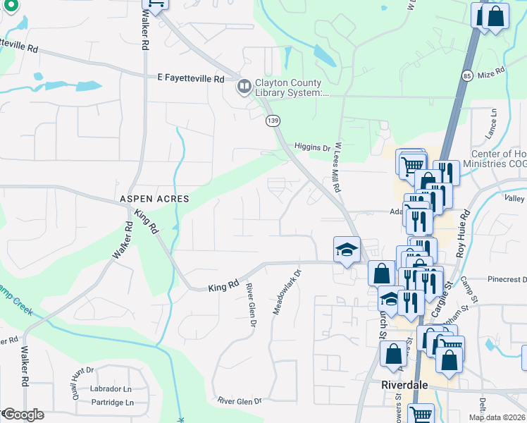 map of restaurants, bars, coffee shops, grocery stores, and more near 6344 Steepleridge Court in Riverdale