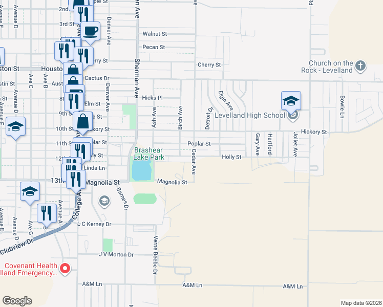 map of restaurants, bars, coffee shops, grocery stores, and more near 506 Poplar Street in Levelland