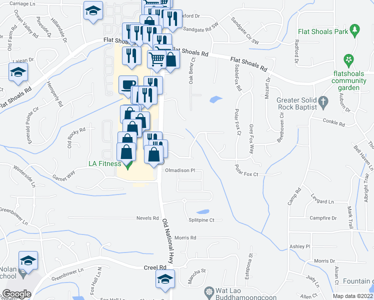 map of restaurants, bars, coffee shops, grocery stores, and more near 2285 Crossrail Drive in Atlanta
