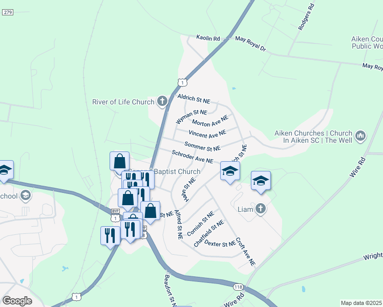 map of restaurants, bars, coffee shops, grocery stores, and more near 692-700 Sommer Street Northeast in Aiken