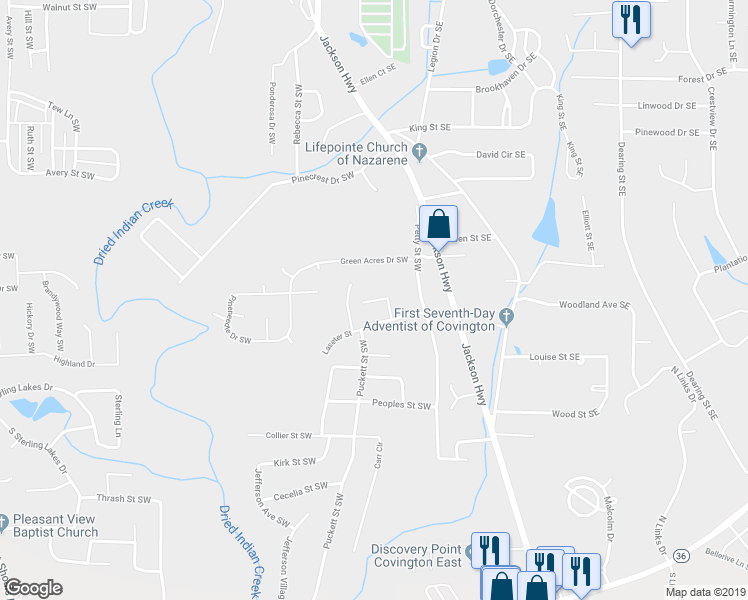 map of restaurants, bars, coffee shops, grocery stores, and more near 7143 Harmony Place Southwest in Covington