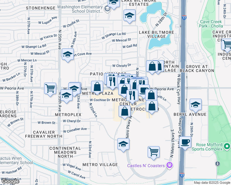 map of restaurants, bars, coffee shops, grocery stores, and more near 3121 West Peoria Avenue in Phoenix