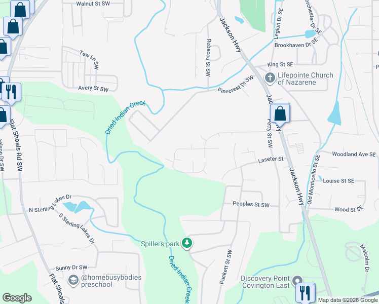 map of restaurants, bars, coffee shops, grocery stores, and more near 6131 Pineneedle Drive Southwest in Covington