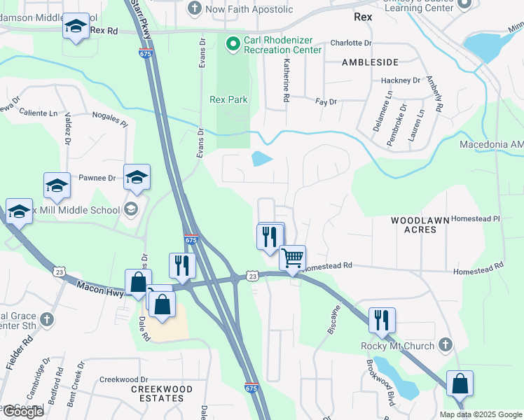 map of restaurants, bars, coffee shops, grocery stores, and more near 6294 Ellenwood Drive in Rex