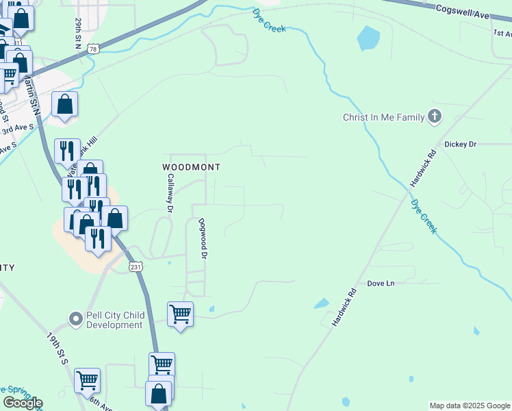 map of restaurants, bars, coffee shops, grocery stores, and more near 2719 Meadowview Drive in Pell City