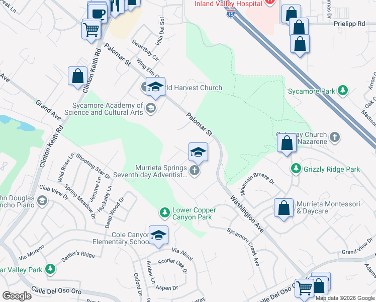 map of restaurants, bars, coffee shops, grocery stores, and more near 23356 Desert Dandelion Court in Murrieta