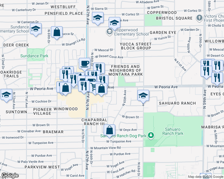 map of restaurants, bars, coffee shops, grocery stores, and more near 6521 West Becker Lane in Glendale